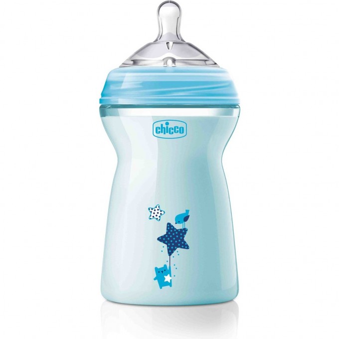 Бутылочка CHICCO NATURAL FEELING 6 мес+, 330 мл с силиконовой соской с флексорами, голубая 310205213